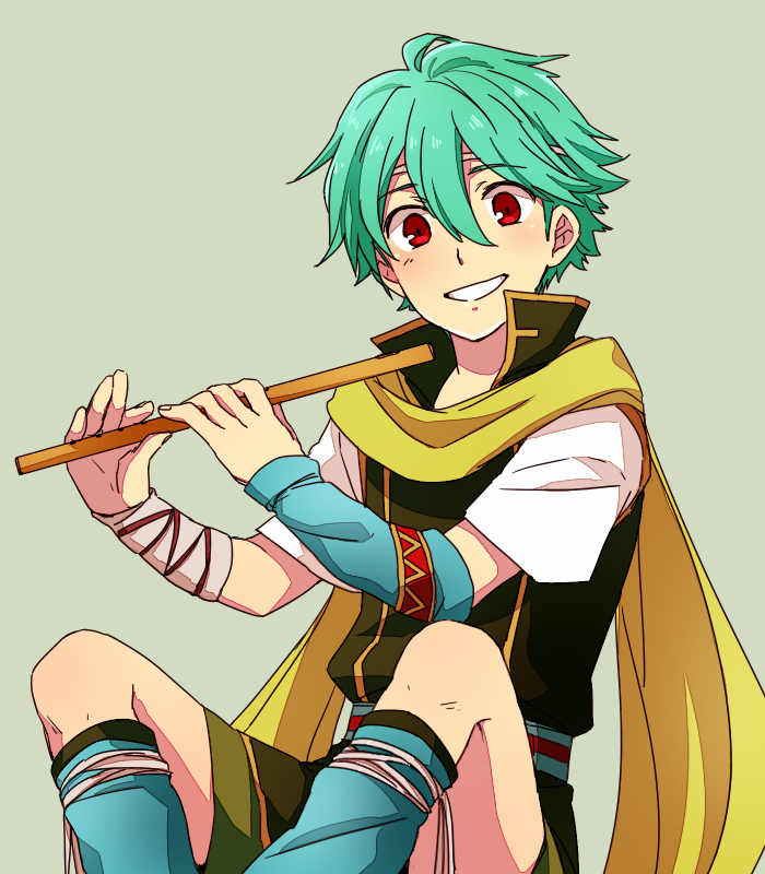 1boy 31sgic aqua_hair circlet fire_emblem fire_emblem:_rekka_no_ken flute green_background instrument male_focus nils red_eyes scarf simple_background sitting solo teeth