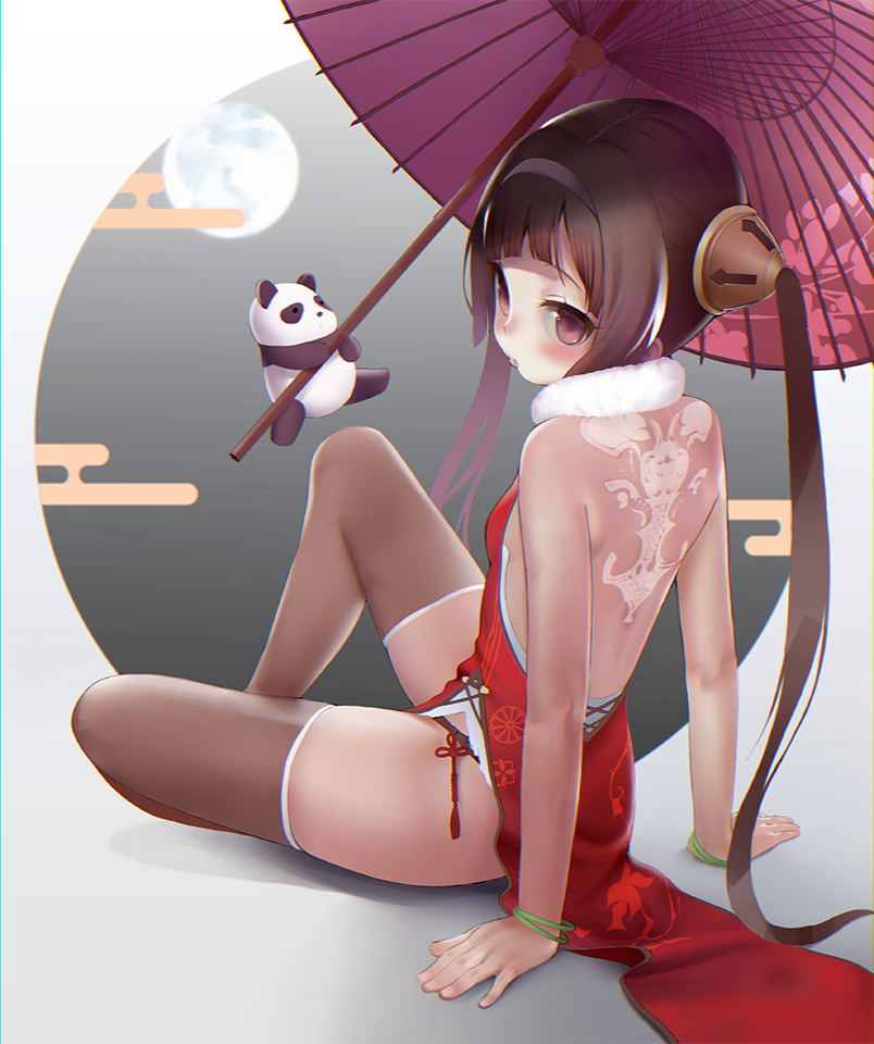 arm_support arms_at_sides azur_lane back back_tattoo bangle bangs bare_arms bare_back bare_shoulders blunt_bangs blush bracelet brown_hair brown_legwear china_dress chinese_clothes closed_mouth detached_collar dress egasumi full_body full_moon fur_collar hairband jewelry knee_up long_hair moon open-back_dress parasol ping_hai_(azur_lane) red_dress ryouta_pm side_slit sitting stuffed_animal stuffed_panda stuffed_toy tassel tattoo thigh-highs thighs twintails umbrella violet_eyes white_hairband