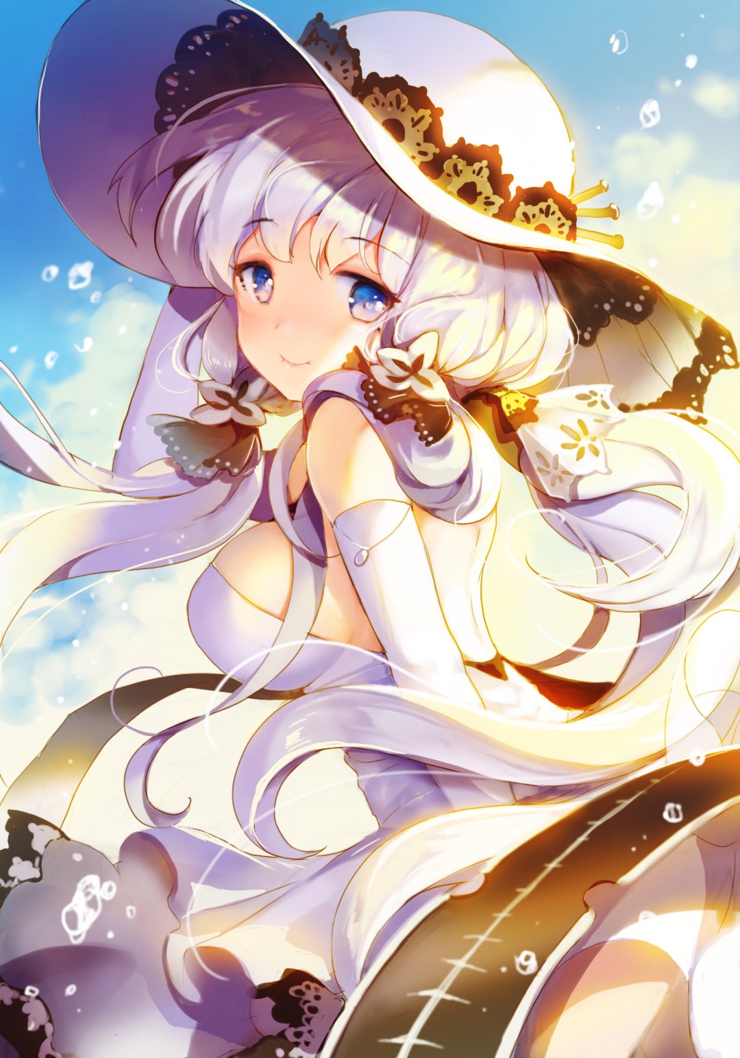 1girl azur_lane bangs bare_shoulders blue_eyes blue_sky breasts closed_eyes closed_mouth clouds cloudy_sky day dress elbow_gloves flight_deck from_behind gloves hat highres illustrious_(azur_lane) large_breasts long_hair looking_at_viewer looking_back machinery outdoors purple_hair sibyl sky smile solo standing sun_hat very_long_hair water_drop white_dress white_gloves