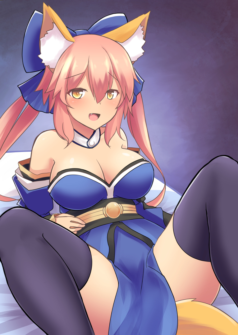 1girl animal_ears bare_shoulders black_legwear blush breasts cleavage collarbone detached_sleeves fang fate/extra fate/extra_ccc fate/grand_order fate_(series) fox_ears fox_tail hair_ribbon kazu-koto large_breasts long_hair looking_at_viewer lying open_mouth pink_hair ribbon solo spread_legs tail tamamo_(fate)_(all) tamamo_no_mae_(fate) thigh-highs yellow_eyes