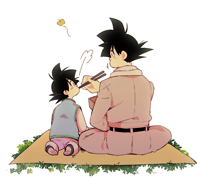 2boys =3 back_turned belt blanket butterfly chinese_clothes chopsticks dragon_ball dragon_ball_super dragonball_z eating father_and_son grass male_focus multiple_boys rochiko_(bgl6751010) scarf simple_background sitting son_gokuu son_goten white_background