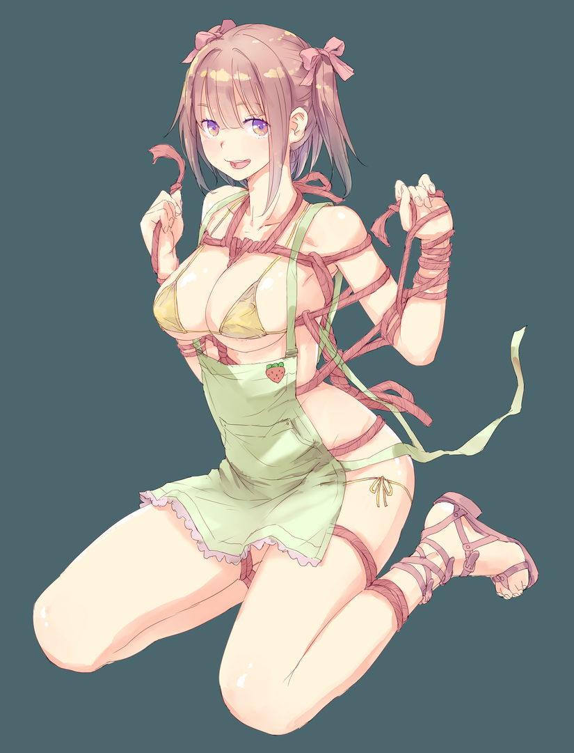 1girl :d apron armpits bangs bare_shoulders bikini blunt_bangs breasts brown_hair fingernails full_body green_background hair_ribbon hands_up large_breasts looking_at_viewer no_socks open_mouth original ribbon sandals shibari short_hair simple_background sitting smile solo swimsuit toenails twintails uniskie violet_eyes yellow_bikini