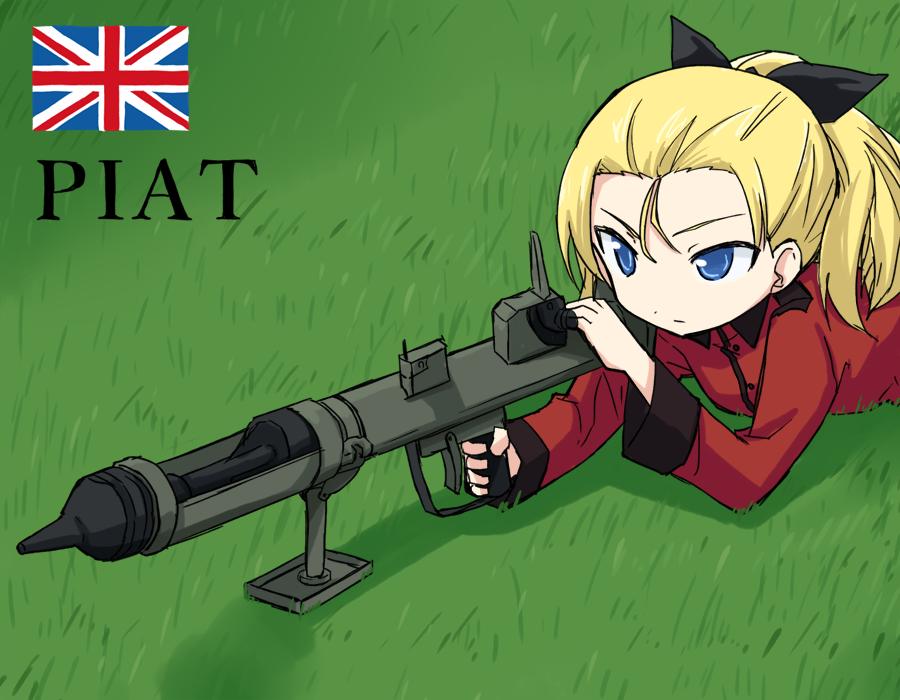 1girl assam black_ribbon blonde_hair blue_eyes closed_mouth epaulettes girls_und_panzer grass hair_pulled_back hair_ribbon holding holding_weapon jacket kakizaki_(chou_neji) long_hair long_sleeves looking_to_the_side lying military military_uniform on_stomach outdoors piat red_jacket ribbon solo st._gloriana's_military_uniform uniform union_jack weapon