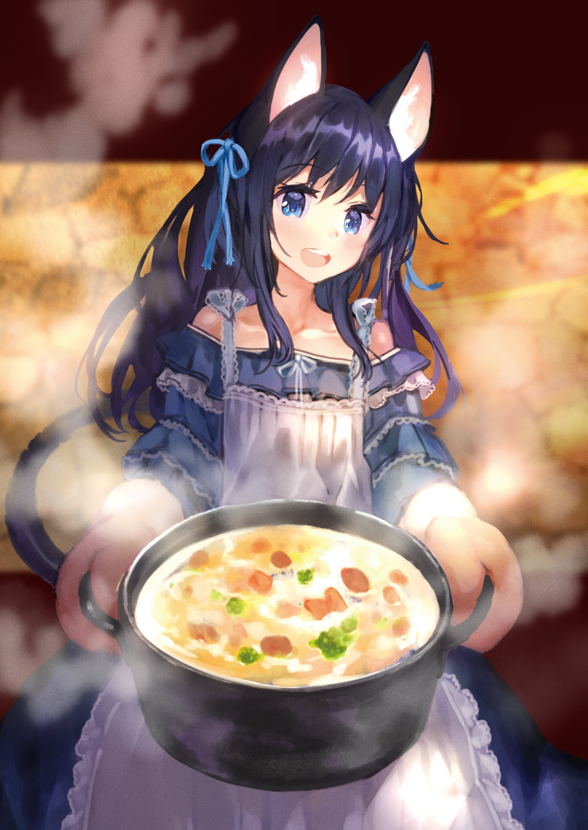 1girl :d animal_ears apron bangs bare_shoulders black_hair blue_eyes blue_ribbon cat_ears cat_tail cowboy_shot dress eyebrows_visible_through_hair food giving hair_ribbon highres holding holding_food holding_pot indoors long_hair long_sleeves looking_at_viewer mittens off-shoulder_dress off_shoulder okishiji_en open_mouth original outstretched_arms pot ribbon smile solo steam stew tail teeth white_apron