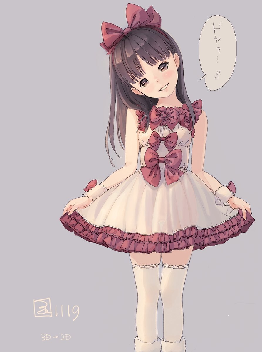 black_hair blush bow brown_eyes dress frilled_dress frills grey_background hair_bow head_tilt highres kokudou_juunigou long_hair looking_at_viewer original parted_lips red_bow signature simple_background skirt_hold sleeveless sleeveless_dress smile standing thigh-highs translation_request white_dress white_legwear wristband