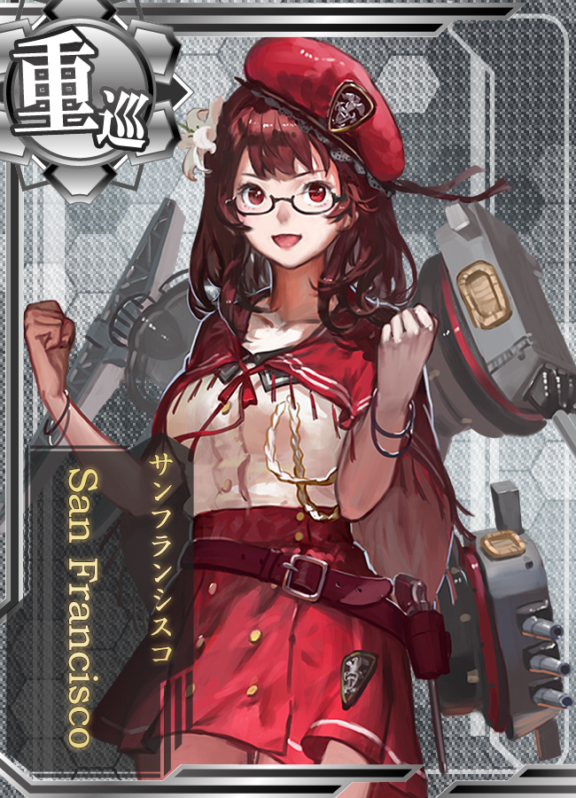 1girl belt beret bracelet breasts flower glasses gun hair_flower hair_ornament handgun hat holster jeanex jewelry mecha_musume open_mouth pacific personification red_eyes redhead revolver skirt smile solo turret uss_san_francisco_(ca-38) weapon