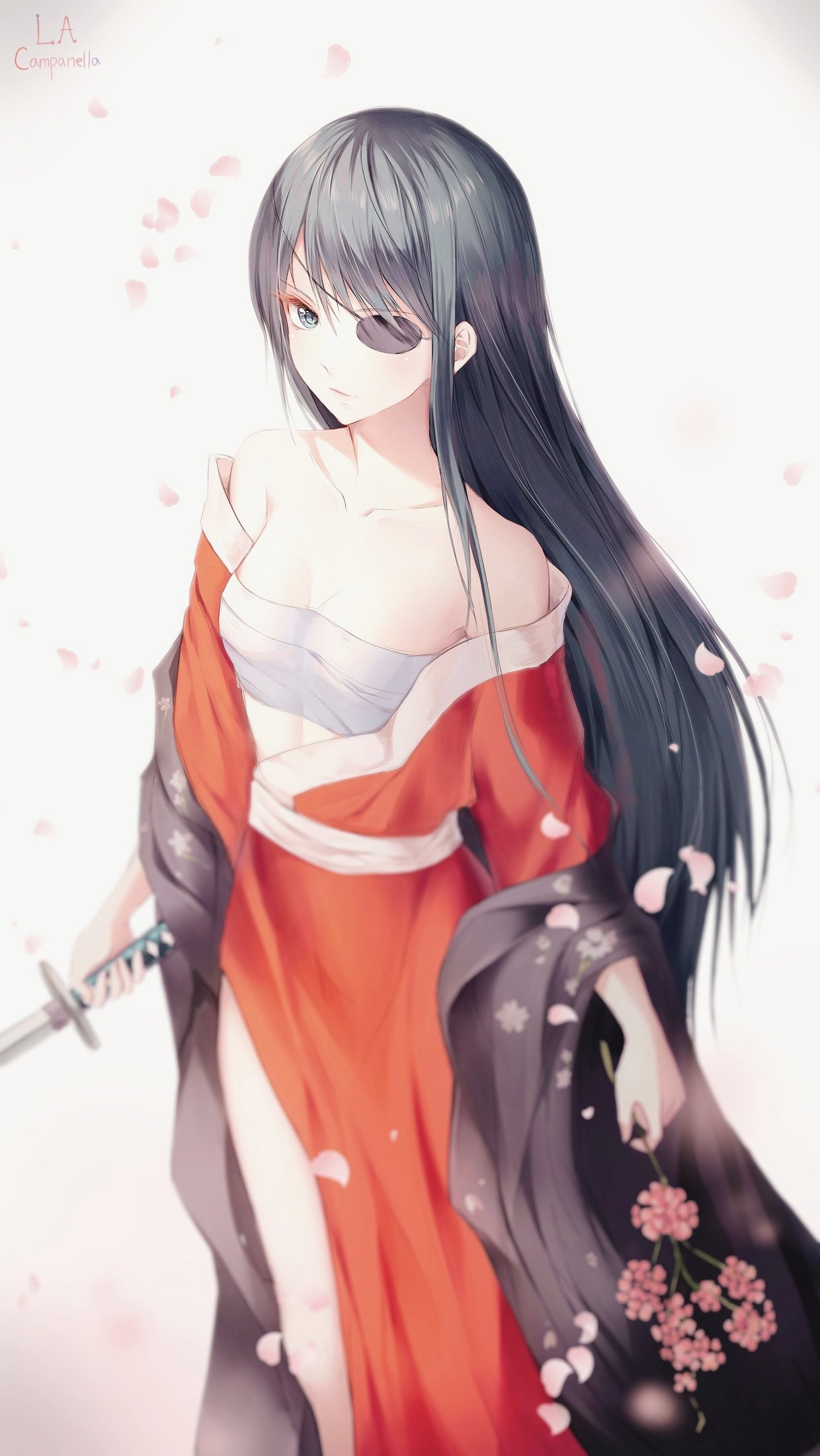 1girl artist_name bangs bare_shoulders black_eyes black_hair breasts closed_mouth collarbone commentary_request eyepatch gintama hair_between_eyes highres holding holding_sword holding_weapon japanese_clothes katana kimono la_campanella long_hair looking_at_viewer open_clothes petals sarashi solo sword weapon yagyuu_kyuubei