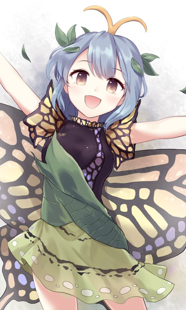 :d antennae blue_hair blush breasts brown_eyes butterfly_wings commentary ears eternity_larva green_skirt leaf looking_at_viewer medium_breasts minust open_mouth short_sleeves skirt smile standing touhou white_background wings