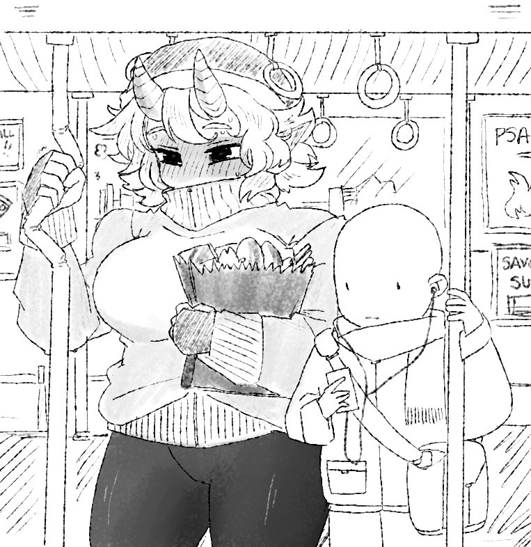 1boy 1girl bald bangs blush breasts broken bus_interior closed_mouth covered_mouth earphones embarrassed fingerless_gloves full-face_blush gloves greyscale groceries hat height_difference holding jacket large_breasts latenight long_sleeves monochrome monster_girl monster_girl_encyclopedia oni oni_horns pants pointy_ears red_oni_(monster_girl_encyclopedia) scarf short_hair standing sweat sweater |_|