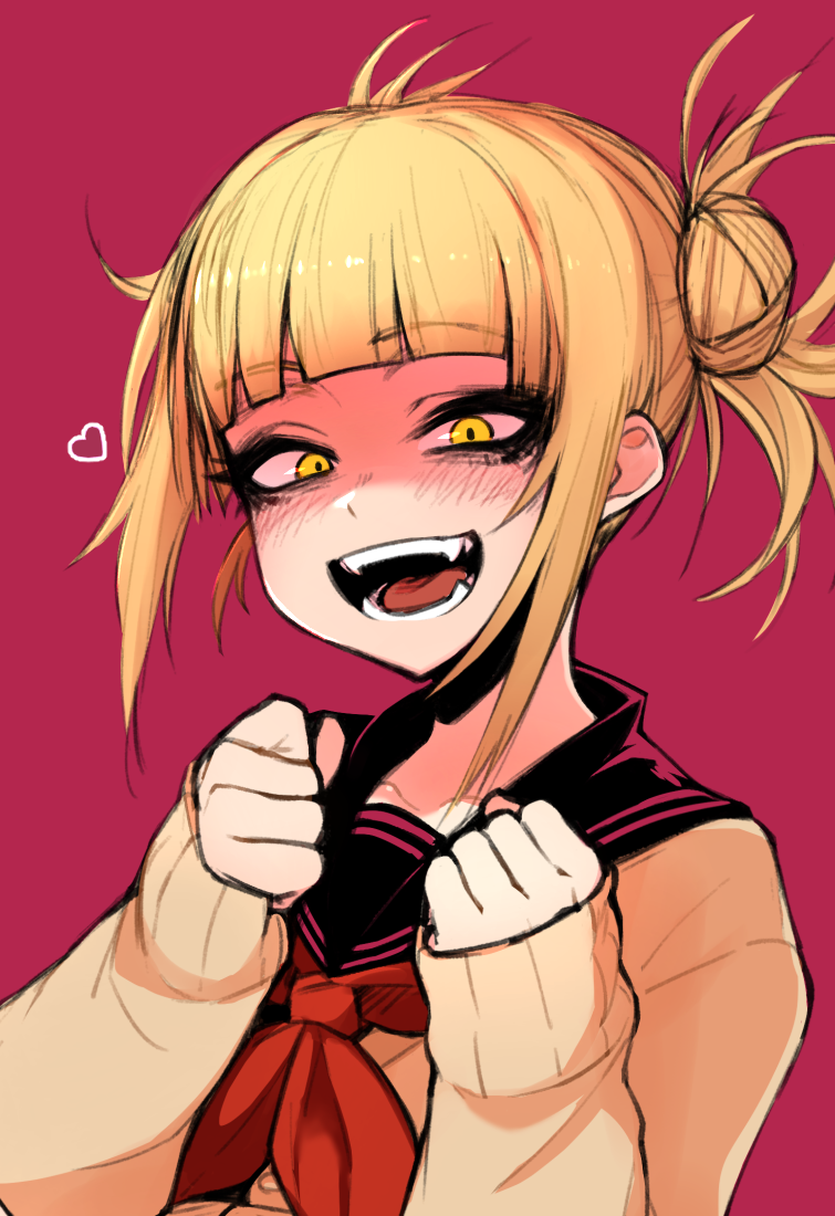 1girl bangs blonde_hair blunt_bangs blush boku_no_hero_academia cardigan clenched_hands double_bun eyebrows_visible_through_hair fangs hands_up happy heart j.k. long_sleeves looking_at_viewer maroon_background open_mouth red_ribbon ribbon school_uniform serafuku shiny shiny_hair short_hair simple_background smile solo teeth toga_himiko yellow_eyes