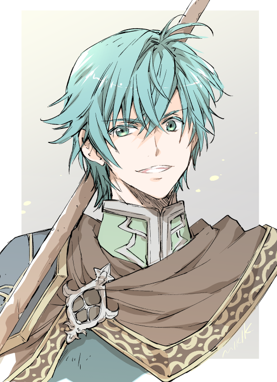 1boy aqua_hair armor blue_eyes blue_hair cape ephraim fire_emblem fire_emblem:_seima_no_kouseki fire_emblem_heroes green_eyes green_hair kizuki_miki looking_at_viewer male_focus polearm short_hair smile solo spear weapon