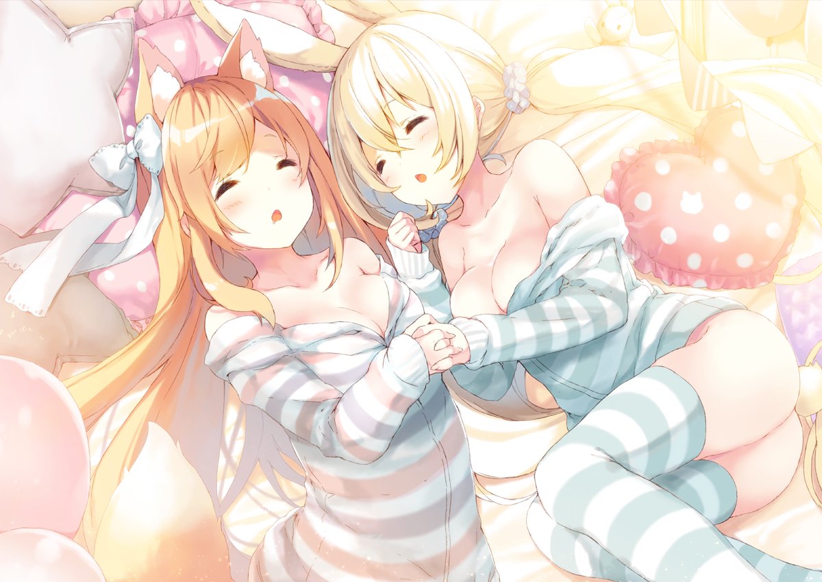 2girls alternate_hairstyle animal_ears bare_shoulders blush bottomless bow breasts bunny_tail cardigan cleavage closed_eyes commentary cynthia_riddle extra_ears fox_ears fox_tail hair_bow hand_holding heart heart_pillow long_hair low_twintails lying medium_breasts milia_leclerc multiple_girls off_shoulder on_side open_mouth orange_hair original p19 pillow pink_pillow rabbit_ears saliva scrunchie sidelocks sleeping star_pillow striped striped_legwear striped_sweater stuffed_animal stuffed_bunny stuffed_toy sweater tail thigh-highs twintails very_long_hair white_hair