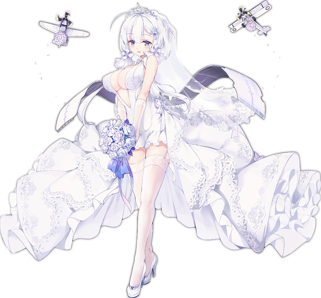 1girl ahoge aircraft airplane azur_lane blue_eyes blue_ribbon blush bouquet breasts bridal_veil center_opening dress eyebrows eyebrows_visible_through_hair flower full_body garter_straps hair_ornament high_heels holding holding_bouquet illustrious_(azur_lane) kaede_(003591163) lace lace-trimmed_dress lace_trim large_breasts legs_crossed long_hair low_twintails midriff mole mole_under_eye official_art open_mouth petals ribbon shoes short_dress simple_background smile solo standing thigh-highs thigh_gap tiara transparent_background twintails veil watson_cross wedding_dress white white_background white_dress white_footwear white_hair white_legwear zettai_ryouiki