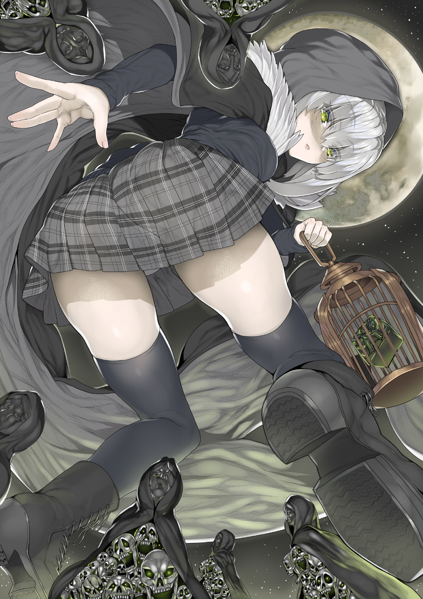 1girl ass bangs black_footwear black_legwear black_skirt boots char cloak eyebrows_visible_through_hair fate_(series) from_below full_moon fur_trim gray_(lord_el-melloi_ii) green_eyes grey_hair grey_skirt highres hood_up kneepits lantern long_hair looking_at_viewer lord_el-melloi_ii_case_files moon night outdoors parted_lips plaid plaid_skirt pleated_skirt sidelocks skindentation skirt skull sky solo star_(sky) starry_sky thigh-highs