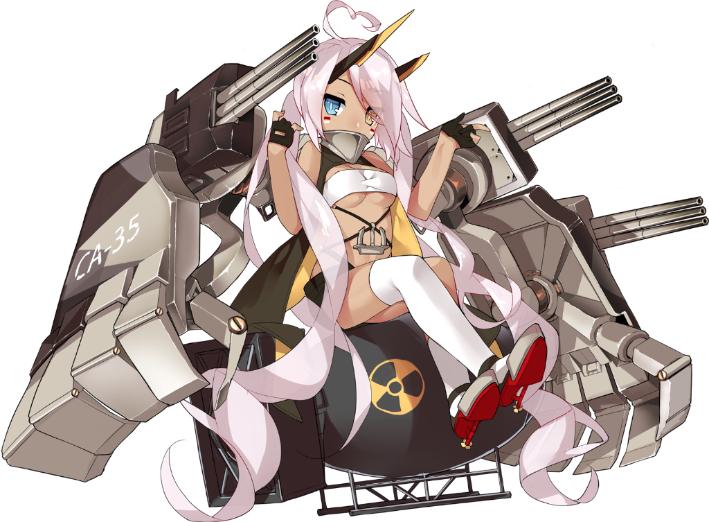 1girl \m/ absurdly_long_hair ahoge asymmetrical_legwear azur_lane bare_shoulders black_gloves black_shorts blue_eyes bomb breasts cleavage covered_mouth dark_skin dot_nose eyebrows eyebrows_visible_through_hair eyes_visible_through_hair facepaint facing_away fingernails full_body gloves grey_footwear headgear heterochromia index_finger_raised indianapolis_(azur_lane) legs_crossed long_hair looking_away looking_to_the_side machinery mechanical_arms midriff nuclear_bomb nuke official_art over-kneehighs palms partly_fingerless_gloves pink_hair radiation_symbol rudder_shoes saru see-through short_shorts shorts simple_background single_thighhigh sitting small_breasts solo strapless thigh-highs transparent_background tsurime tubetop turret turtleneck twintails under_boob very_long_hair white_legwear yellow_eyes