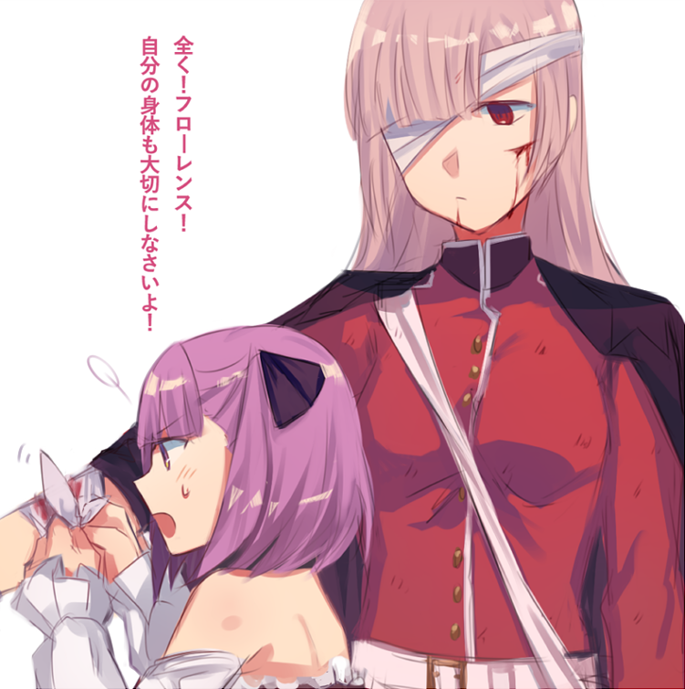 2girls aoki_shizumi bandage_over_one_eye bare_shoulders black_cape black_ribbon bleeding blood cape detached_sleeves florence_nightingale_(fate/grand_order) hair_ribbon helena_blavatsky_(fate/grand_order) injury long_hair looking_down multiple_girls open_mouth pink_hair purple_hair red_eyes ribbon sash short_hair strapless sweat translation_request tying upper_body violet_eyes white_background