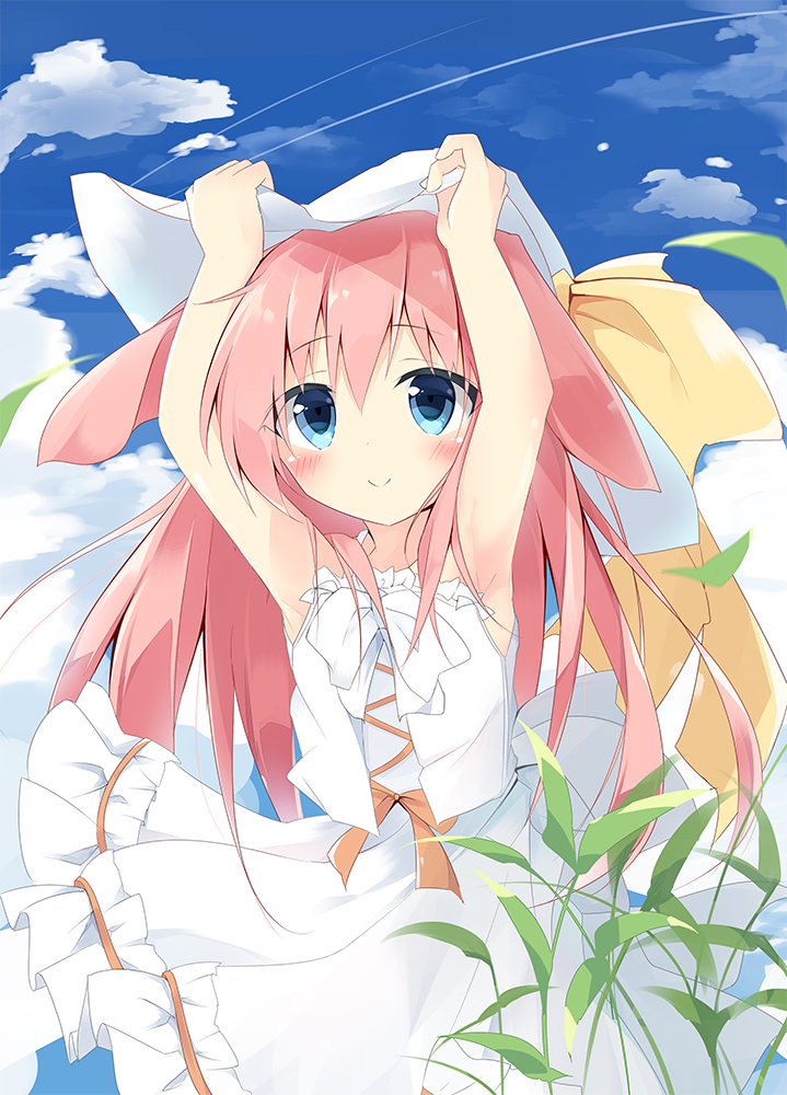 1girl animal_ears arms_up bangs bare_arms blue_eyes blue_sky blush closed_mouth clouds cloudy_sky collarbone commentary_request day dress eyebrows_visible_through_hair frilled_dress frills hair_between_eyes hands_on_headwear hat hat_ribbon kushida_you long_hair looking_up original outdoors pink_hair rabbit_ears ribbon sky sleeveless sleeveless_dress smile solo sun_hat very_long_hair vest white_dress white_hat white_vest yellow_ribbon