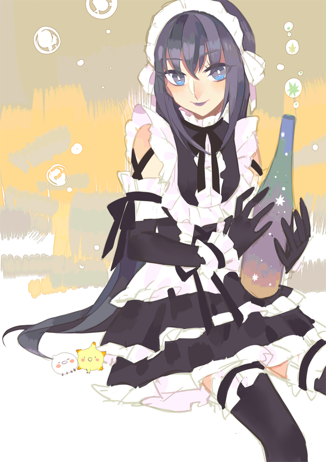 1boy black_dress black_gloves black_hair black_legwear black_lipstick black_ribbon blue_eyes blush blush_stickers bottle crossdressinging dress elbow_gloves frills gloves gothic_lolita holding holding_bottle kazuya_(743167) lipstick lolita_fashion long_hair looking_at_viewer makeup moyashimon open_mouth ribbon sitting smile thigh-highs trap yuuki_kei