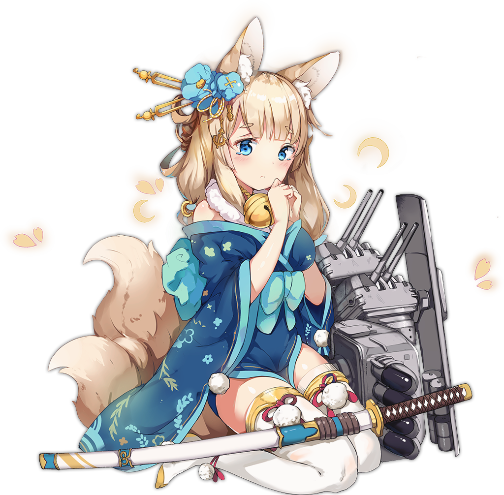 1girl anchor animal_ears artist_request azur_lane bangs bell blonde_hair blue_bow blue_eyes blue_kimono blush bow closed_mouth eyebrows eyebrows_visible_through_hair facing_away fox_ears fox_tail frown full_body fur_collar hair_ornament japanese_clothes jingle_bell katana kimono long_hair looking_at_viewer machinery multiple_tails niizuki_(azur_lane) obi official_art petals pom_pom_(clothes) red_ribbon ribbon sash sheath sheathed simple_background solo sword tail tareme tears thick_eyebrows thigh-highs torpedo transparent_background turret weapon white_legwear zettai_ryouiki