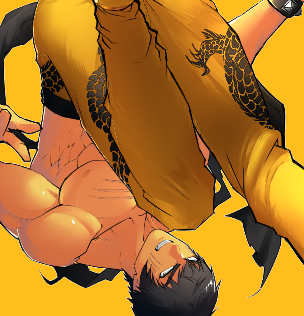 1boy black_hair brown_eyes flats houjohh kung_fu male_focus marshall_law muscle pants pectorals scar shirtless short_hair solo studded_bracelet tekken thick_eyebrows upside-down