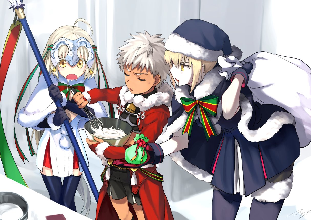 1boy 2girls ahoge archer artoria_pendragon_(all) bell bent_over cape child closed_eyes counter dark_skin dark_skinned_male dress drooling fate/grand_order fate_(series) fur_trim hat jeanne_d'arc_(alter)_(fate) jeanne_d'arc_(fate)_(all) jeanne_d'arc_alter_santa_lily lineart matsuya_(syohsa) mixing_bowl multiple_girls platinum_blonde ribbon santa_alter santa_costume santa_hat short_hair shorts silver_hair simple_background thigh-highs whisk white_background yellow_eyes younger