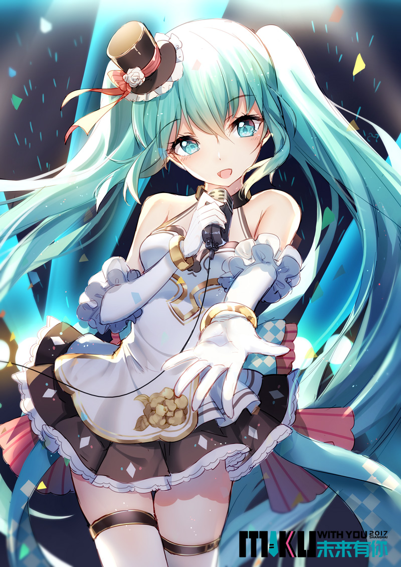 1girl bison_cangshu elbow_gloves gloves hat hatsune_miku long_hair microphone mini_hat mini_top_hat open_mouth outstretched_arm skirt solo thigh-highs top_hat twintails very_long_hair vocaloid