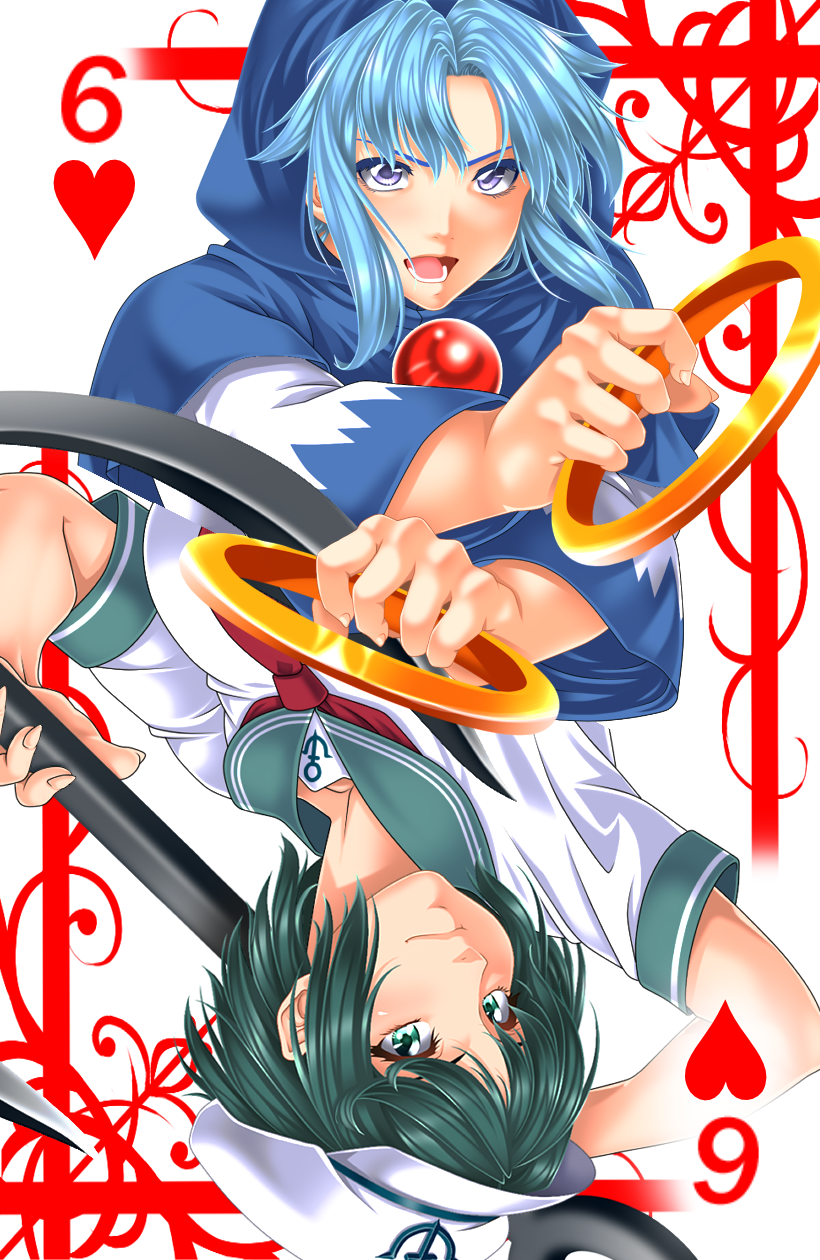 2girls anchor blue_eyes blue_hair card commentary_request green_eyes green_hair hat highres holding hood jewelry kumoi_ichirin long_sleeves looking_at_viewer multiple_girls murasa_minamitsu open_mouth playing_card ring sailor_collar sailor_hat short_hair short_sleeves touhou upside-down yoiti