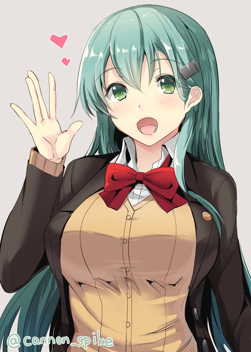 1girl :d blouse breasts brown_jacket brown_sweater cardigan gin'ichi_(akacia) green_eyes green_hair grey_background heart jacket kantai_collection large_breasts long_hair long_sleeves neck_ribbon open_mouth red_ribbon remodel_(kantai_collection) ribbon school_uniform simple_background smile solo suzuya_(kantai_collection) sweater white_blouse