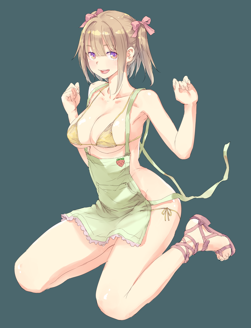 1girl :d apron armpits bangs bare_shoulders bikini blunt_bangs breasts brown_hair fingernails full_body green_background hair_ribbon hands_up large_breasts looking_at_viewer no_socks open_mouth original ribbon sandals short_hair simple_background sitting smile solo swimsuit toenails twintails uniskie violet_eyes yellow_bikini