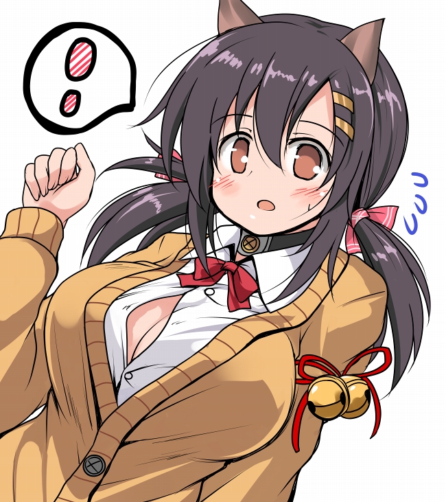 ! 1girl animal_ears azur_lane black_hair blush breasts bursting_breasts cardigan cat_ears cleavage cleavage_cutout collar hair_ornament hair_ribbon hairclip large_breasts low_twintails nagara_(azur_lane) open_clothes open_mouth open_shirt paw_pose ribbon shirt solo spoken_exclamation_mark tsuzuri_(tuzuri) twintails upper_body