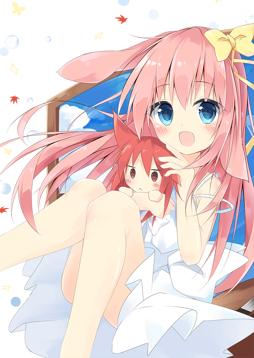 1girl :d animal_ears autumn_leaves bangs bare_arms blue_eyes blue_sky blush bow bubble character_doll clouds commentary_request day doll_hug dress eyebrows_visible_through_hair hair_between_eyes hair_bow kushida_you long_hair looking_at_viewer open_mouth original pink_hair rabbit_ears sky sleeveless sleeveless_dress smile solo sundress very_long_hair white_background white_dress window yellow_bow