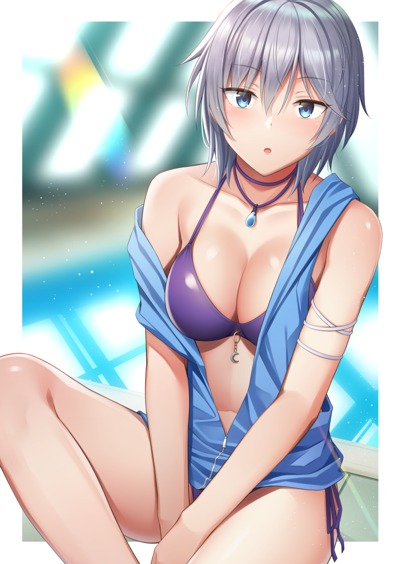 1girl :o anastasia_(idolmaster) armband bangs bare_shoulders between_legs bikini bikini_under_clothes blue_eyes blue_vest blurry blurry_background blush breasts cleavage collarbone commentary_request eyebrows_visible_through_hair eyelashes grey_hair hair_between_eyes hand_between_legs idolmaster idolmaster_cinderella_girls indoors jewelry knee_up looking_at_viewer medium_breasts navel necklace off_shoulder open_clothes open_mouth open_vest parted_lips pendant pool purple_bikini rei_no_pool short_hair side-tie_bikini silver_hair sitting solo swimsuit thighs tsurime umihotaru_harumare vest water zipper zipper_pull_tab