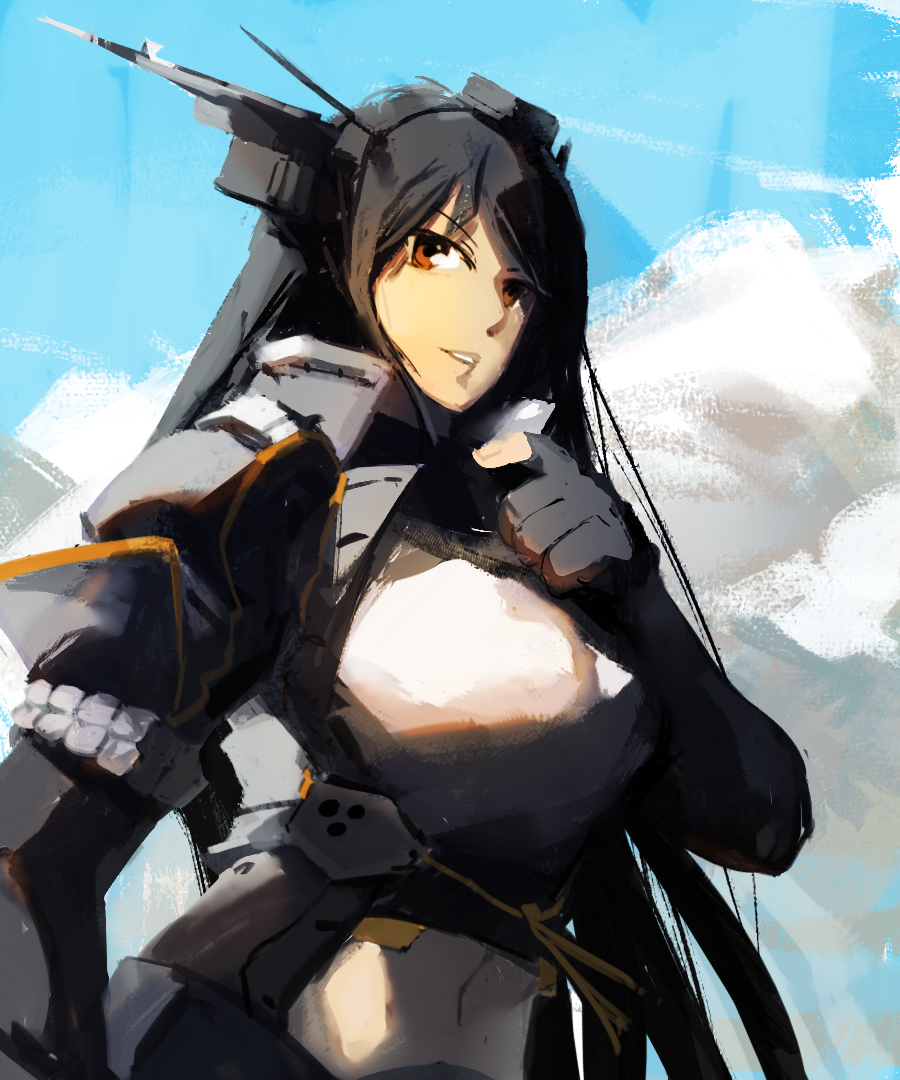 1girl black_gloves black_hair blue_sky clouds coat dot_triangle elbow_gloves fingerless_gloves gloves headgear high_collar kantai_collection long_hair looking_at_viewer looking_to_the_side nagato_(kantai_collection) red_eyes remodel_(kantai_collection) sketch sky solo upper_body very_long_hair ye_fan