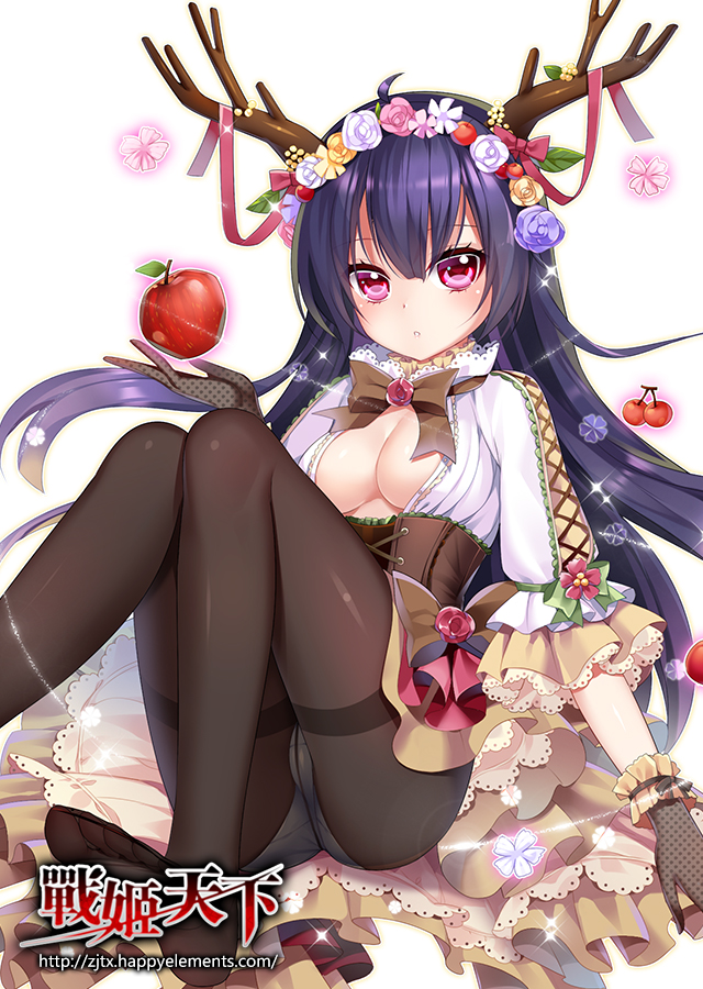 1girl antlers apple blue_hair blush bow bowtie breasts brown_legwear brown_neckwear brown_skirt copyright_name food fruit gem gloves head_wreath knees_together_feet_apart long_sleeves looking_at_viewer medium_breasts mvv no_shoes official_art panties panties_under_pantyhose pantyhose parted_lips shirt simple_background sitting skirt solo underbust underwear watermark web_address white_background white_panties white_shirt zhan_ji_tian_xia