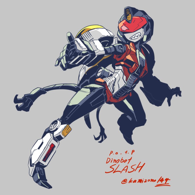 1girl artist_name autobot breasts character_name claws full_body grey_background kamizono_(spookyhouse) legs looking_at_viewer machinery no_humans personification red_eyes sharp_teeth slash_(dinobot) smile solo teeth transformers