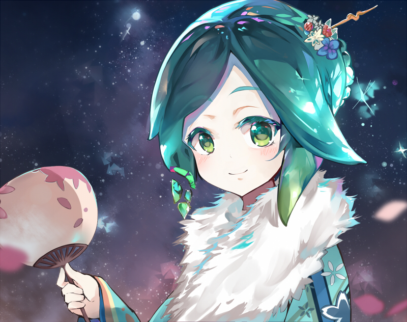 androgynous aqua_hair blue_kimono blush closed_mouth fan fur_collar green_eyes hair_bun hair_ornament hairpin holding holding_fan houseki_no_kuni japanese_clothes kimono looking_at_viewer mitu_yang paper_fan phosphophyllite sky smile solo star_(sky) starry_sky upper_body