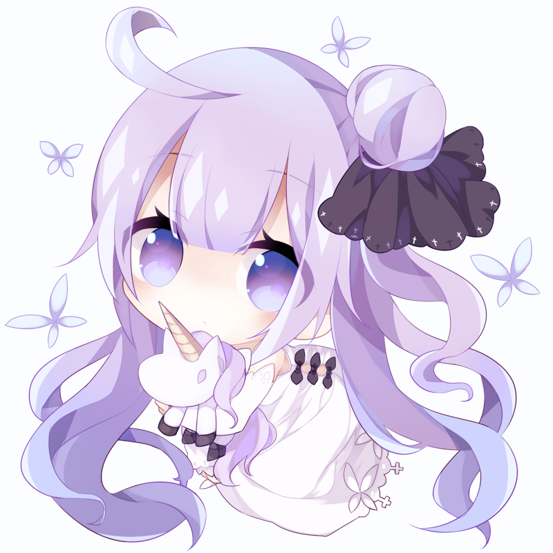 1girl ahoge azur_lane bangs bare_shoulders black_bow black_ribbon bow chibi closed_mouth commentary_request detached_sleeves di-ort dress eyebrows_visible_through_hair full_body hair_between_eyes hair_bun hair_ribbon long_hair long_sleeves looking_at_viewer object_hug one_side_up purple_hair ribbon side_bun simple_background solo strapless strapless_dress stuffed_animal stuffed_toy stuffed_unicorn unicorn_(azur_lane) very_long_hair violet_eyes white_background white_dress