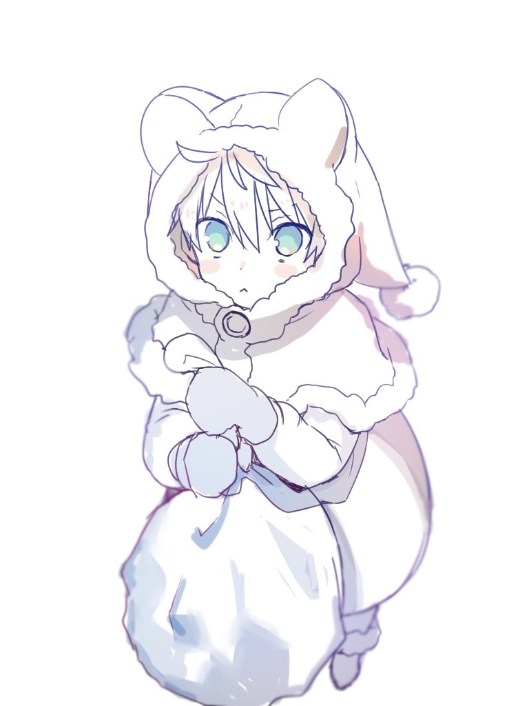 1boy bear_hood blue_eyes capelet child fate/grand_order fate/prototype fate_(series) male_focus monochrome saber_(fate/prototype) sack santa_costume seseragi_azuma simple_background sketch solo white_background younger