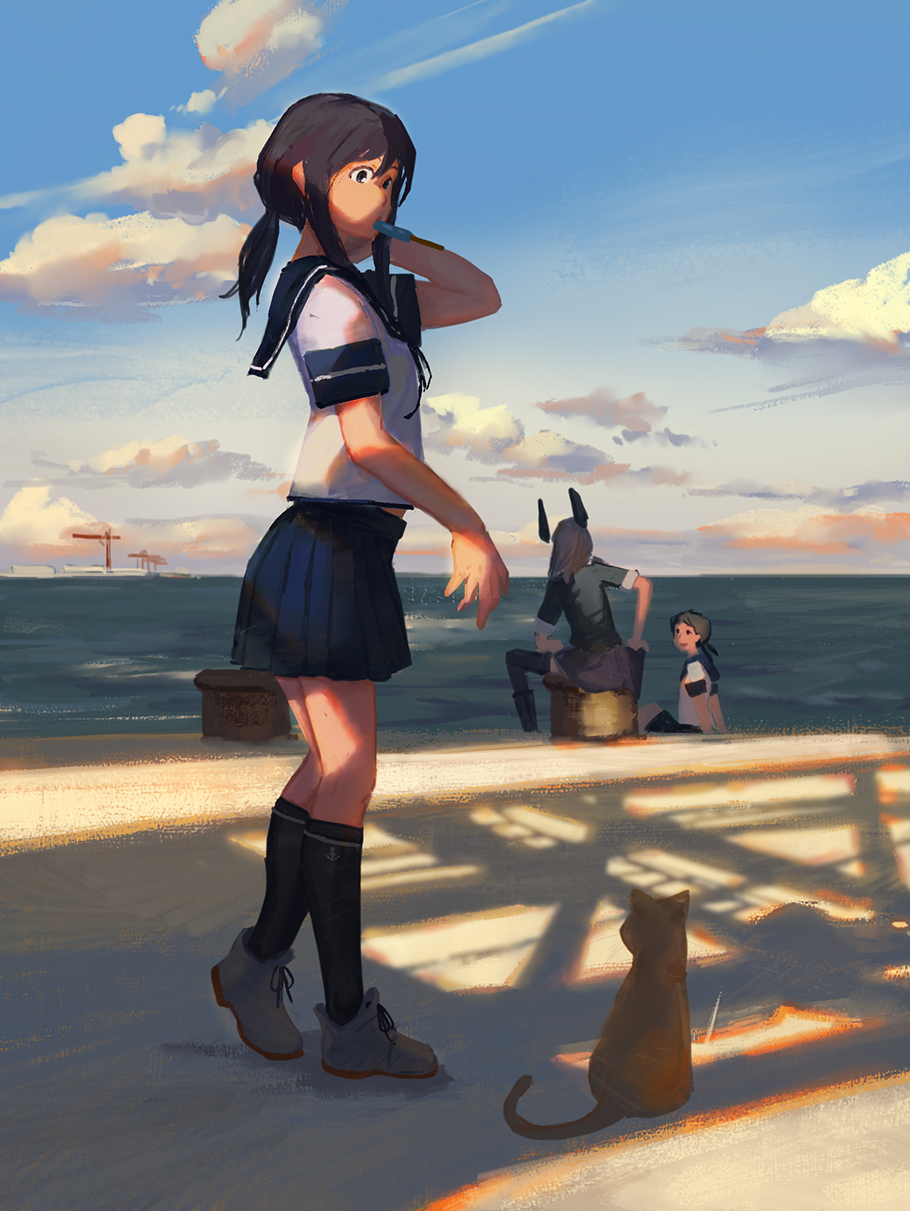 3girls black_hair blue_sky boots brown_eyes cat character_request clouds crane dock food fubuki_(kantai_collection) harbor highres ice_pop kantai_collection looking_down multiple_girls ocean ponytail puppet school_uniform serafuku shadow sidelocks sitting skirt sky socks tenryuu_(kantai_collection) thigh-highs ye_fan