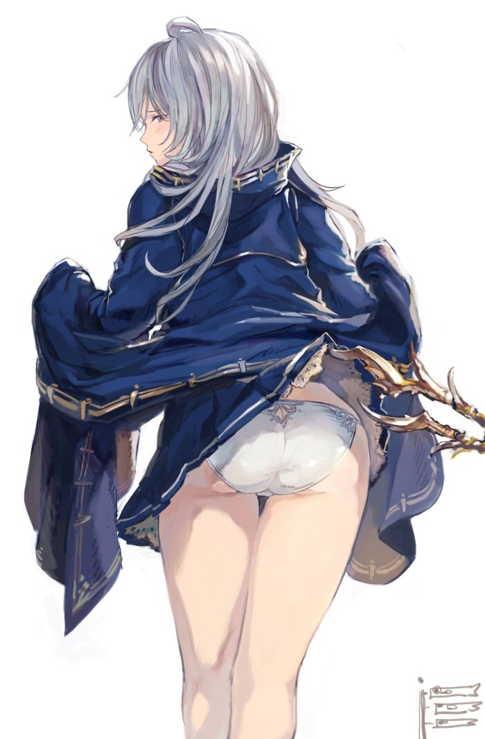 1girl ass branch brown_eyes from_behind granblue_fantasy jacket_lift long_hair looking_back panties sabanobori silva_(granblue_fantasy) silver_hair simple_background skirt skirt_lift solo underwear white_background