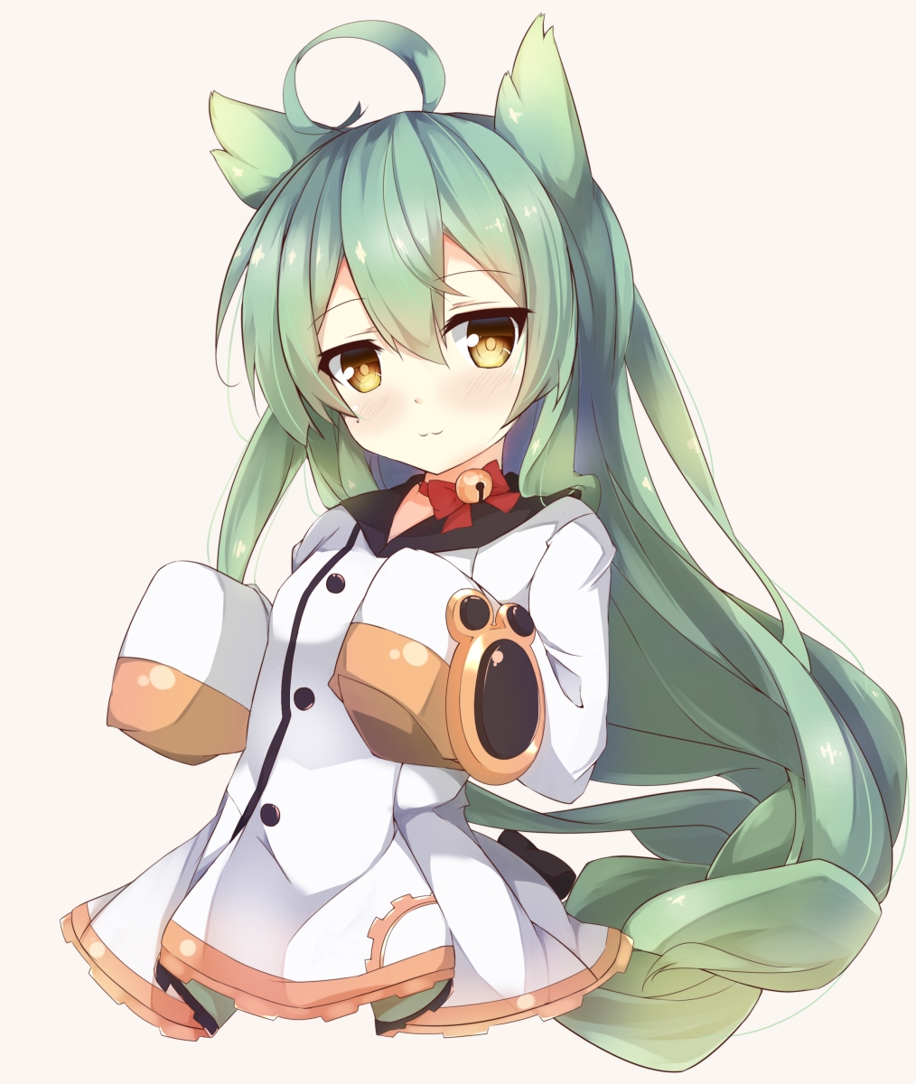 1girl :3 ahoge akashi_(azur_lane) animal_ears azur_lane bangs beige_background bell black_bow blush bow cat_ears choker closed_mouth commentary_request dress eyebrows_visible_through_hair fuuna green_hair hair_between_eyes hair_bow hands_in_sleeves head_tilt highres jingle_bell long_hair long_sleeves looking_at_viewer red_bow red_ribbon ribbon ribbon_choker sailor_dress simple_background solo very_long_hair white_dress yellow_eyes