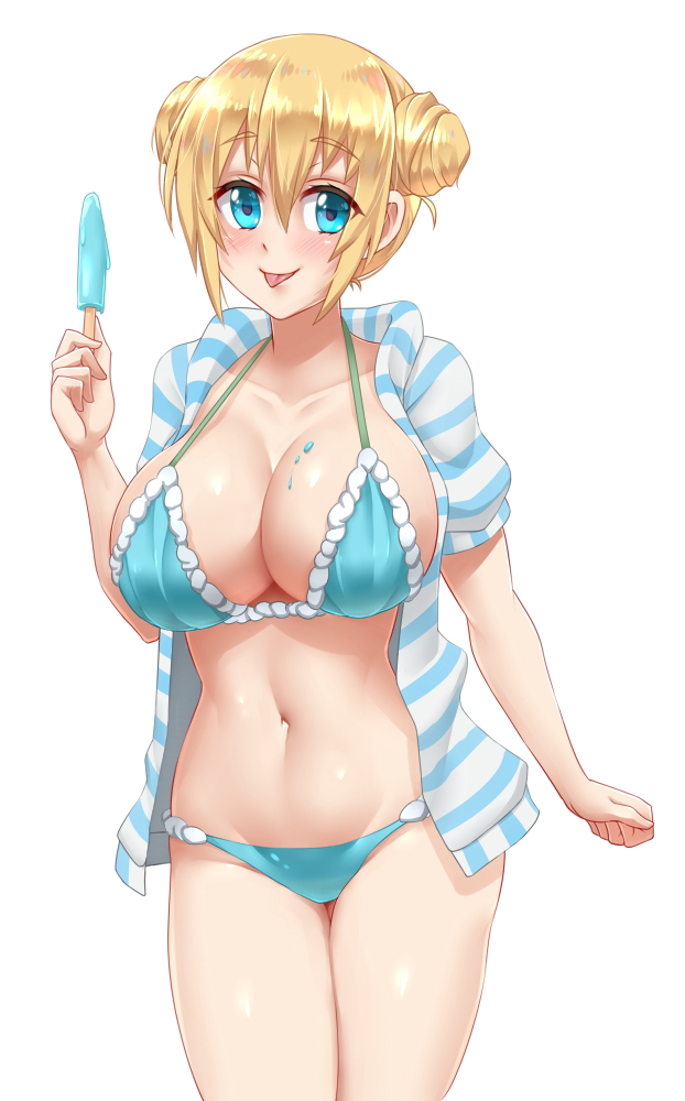 1girl :p blend_s blue_eyes breasts cleavage collarbone cowboy_shot double_bun food hinata_kaho holding holding_food large_breasts navel popsicle shiny shiny_skin short_hair simple_background smile solo standing stomach tareme tongue tongue_out twrlare white_background