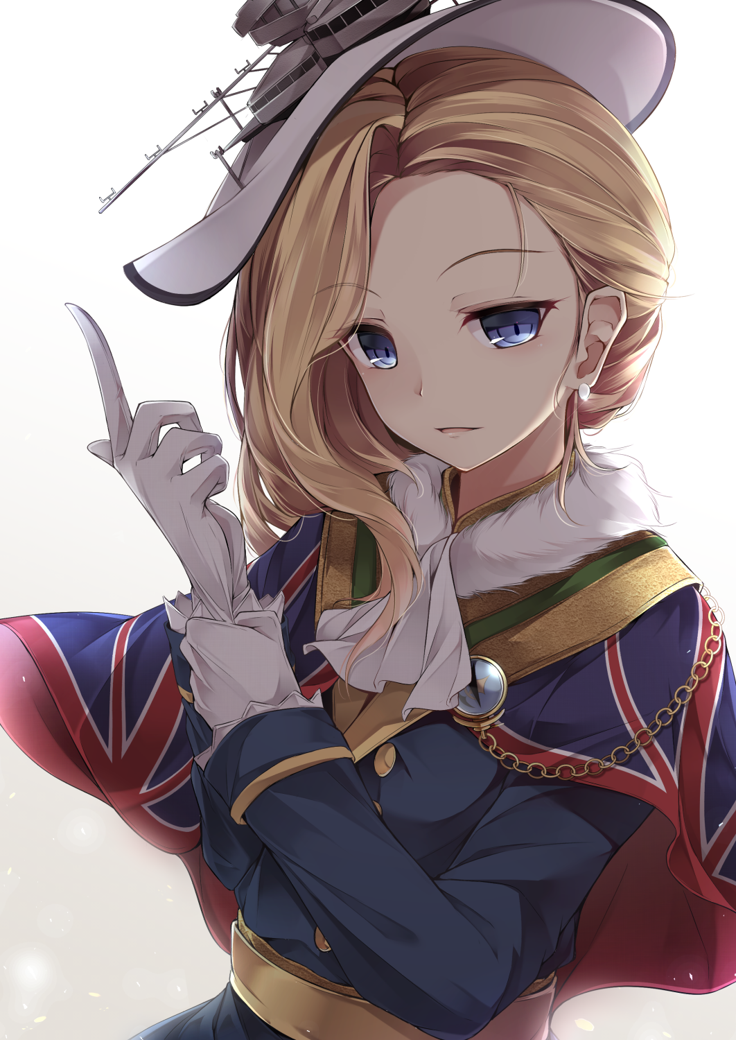 1girl ascot asymmetrical_hair azur_lane blonde_hair blue_eyes chains commentary earrings eyebrows_visible_through_hair fur_collar glove_pull gloves hat highres hood_(azur_lane) jewelry long_hair long_sleeves looking_at_viewer parted_lips solo toyosaki_shu union_jack white_gloves