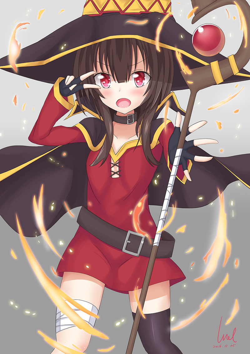 bandage bandaged_leg belt black_gloves black_legwear cape collar dress fingerless_gloves gloves hat holding holding_staff kono_subarashii_sekai_ni_shukufuku_wo! megumin mismatched_legwear red_dress red_eyes short_hair_with_long_locks single_thighhigh staff thigh-highs unel1211 witch_hat