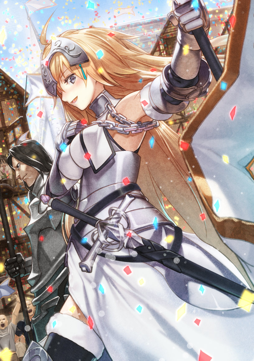 1girl ahoge akisa_(12023648) bangs black_legwear blonde_hair blue_eyes blue_sky blush breasts caster_(fate/zero) chains cheering confetti crowd day dress dutch_angle eyebrows_visible_through_hair fate/apocrypha fate/grand_order fate_(series) faulds fur_trim gilles_de_rais_(fate/grand_order) greaves grey_eyes headpiece holding_flag jeanne_d'arc_(fate) jeanne_d'arc_(fate)_(all) large_breasts long_hair looking_at_viewer open_mouth outdoors sheath sheathed sky smile solo_focus standard_bearer standing sword thigh-highs underbust very_long_hair weapon white_dress