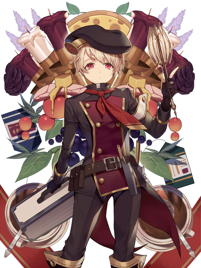 1boy bangs black_gloves black_jacket black_pants blonde_hair boots candle carchet closed_mouth flower gloves hat holding holding_weapon jacket lavender_(flower) looking_at_viewer mace male_focus necktie original pants red_eyes red_neckwear solo standing suitcase weapon