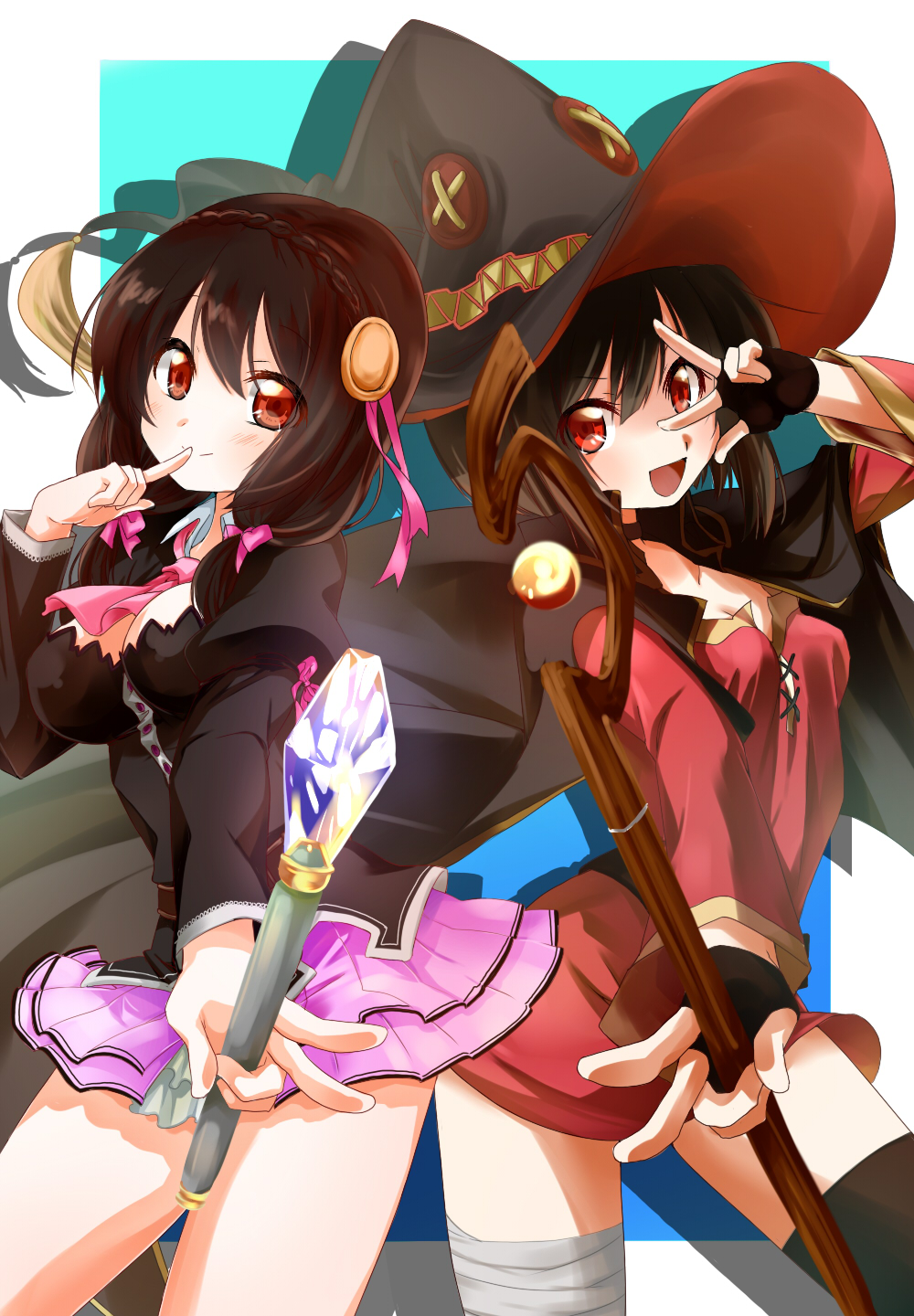 2girls bandage bandaged_leg belt black_gloves black_hair black_legwear blush bow braid breasts cape collar dress fingerless_gloves gloves hair_bow hair_ornament hat highres holding holding_staff iwaserie kono_subarashii_sekai_ni_shukufuku_wo! large_breasts long_hair looking_at_viewer megumin mismatched_legwear multiple_girls necktie open_mouth red_dress red_eyes ribbon short_hair_with_long_locks single_thighhigh smile staff thigh-highs wand witch_hat yunyun_(konosuba)