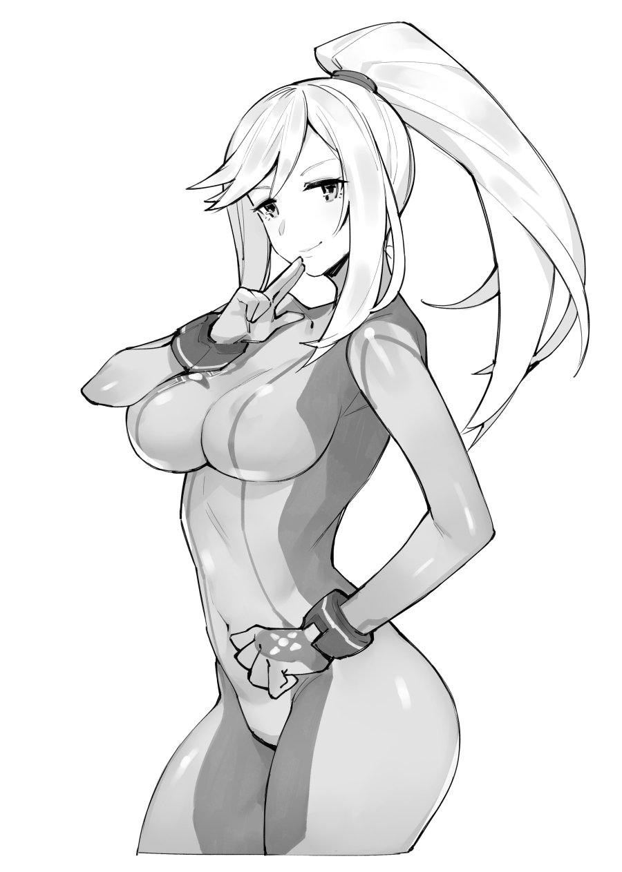 1girl bangs bodysuit bracelet erect_nipples gebyy-terar highres jewelry looking_at_viewer metroid monochrome ponytail samus_aran simple_background smile white_background zero_suit