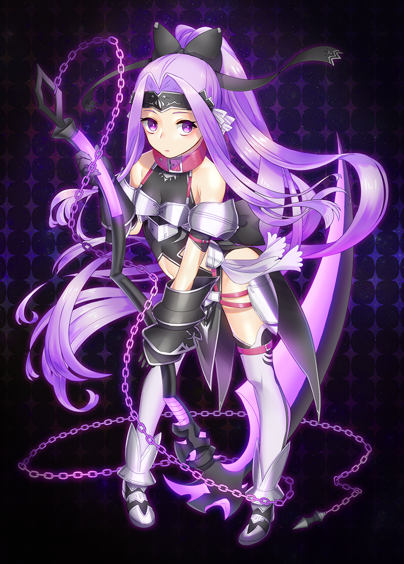 1girl arched_back armor armored_boots bare_shoulders black_bow black_gloves blush boots bow chains closed_mouth collar expressionless fate/grand_order fate_(series) full_body gloves hair_bow high_ponytail holding holding_weapon lavender_hair leaning_forward long_hair looking_at_viewer medusa_(lancer)_(fate) mimiko_(fuji_310) navel rider scythe solo thigh-highs very_long_hair violet_eyes weapon white_legwear