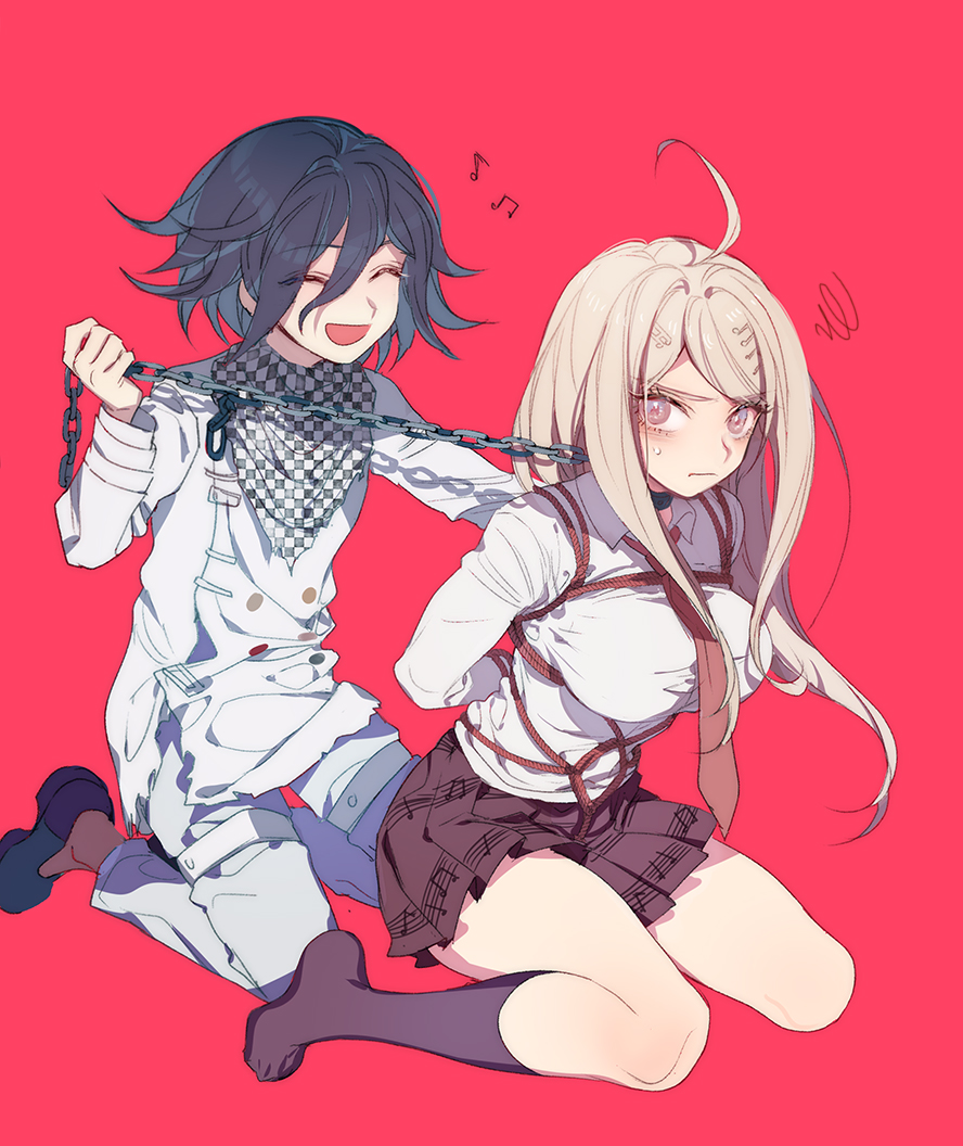 1boy 1girl ahoge akamatsu_kaede annoyed beamed_quavers beamed_semiquavers black_hair black_legwear blonde_hair breasts chains checkered_scarf closed_eyes collar dangan_ronpa hetero kneehighs kneeling large_breasts looking_at_another looking_back musical_note musical_note_hair_ornament necktie new_dangan_ronpa_v3 no_shoes open_mouth orange_neckwear ouma_kokichi pink_background pleated_skirt purple_skirt quaver scarf school_uniform semiquaver shibari shibari_over_clothes simple_background sitting skirt smile squiggle staff_(music) straitjacket sweatdrop wariza zuizi